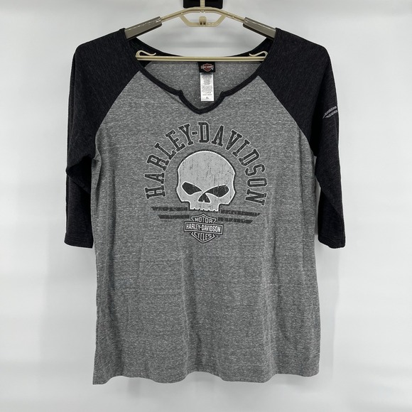 Harley Davidson Women's XL Top Gray Black 3/4 Sleeve Skull New London, CT - Picture 2 of 7